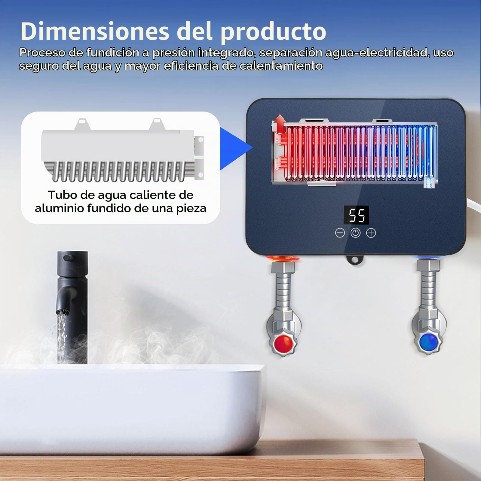 Calentador de Agua Eléctrico Instantáneo 6 kW 220 V Mini con Alcachofa de Ducha, Sistema de Agua Caliente sin Tanque para Baño, Cocina, Jardín, con Display LED de Temperatura Legible