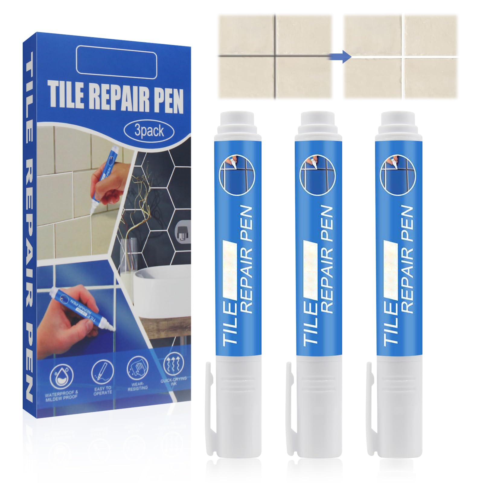 Fengyang White Acrylic Grout Pen, 3 Pack, Waterproof, Fast Drying, Tile Grout Cleaner, for Tiles, Walls, Bathrooms and Kitchens