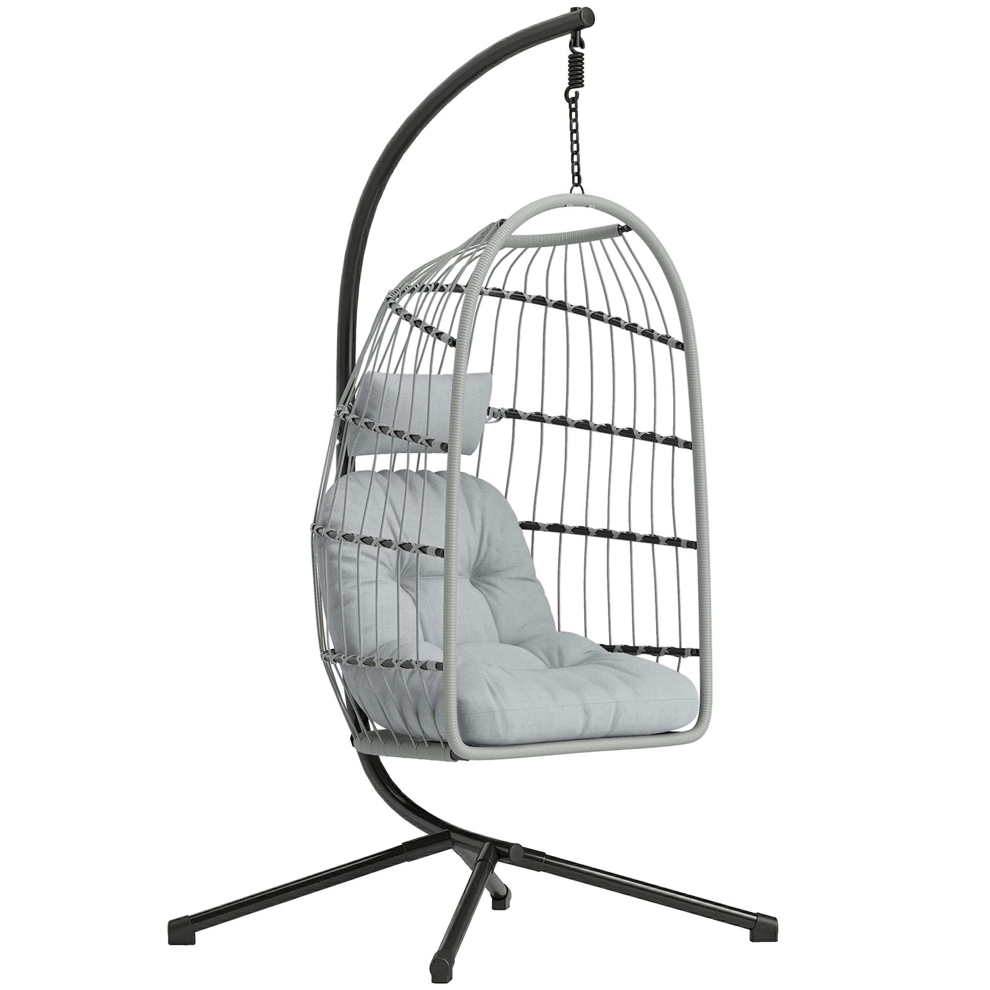 Outsunny Hanging Egg Chair, Indoor Outdoor Hammock Swing Chair with Stand, Safety Strap, Foldable Basket, Thick Cushions, Headrest, Adjustable Height, Metal Frame for Garden Balcony, Light Grey
