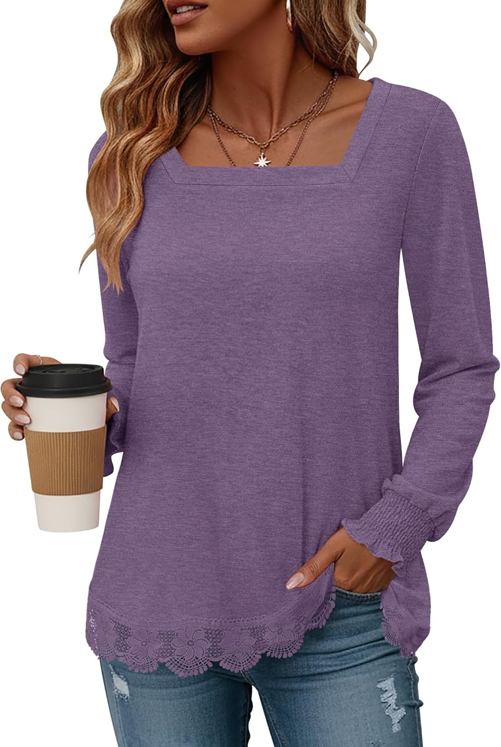 CRAZY GRID Women Casual Long Sleeve Loose Fit Lace Hem Knit Pullover T-Shirt Fall Fashion Blouse for Leggings - Image 2