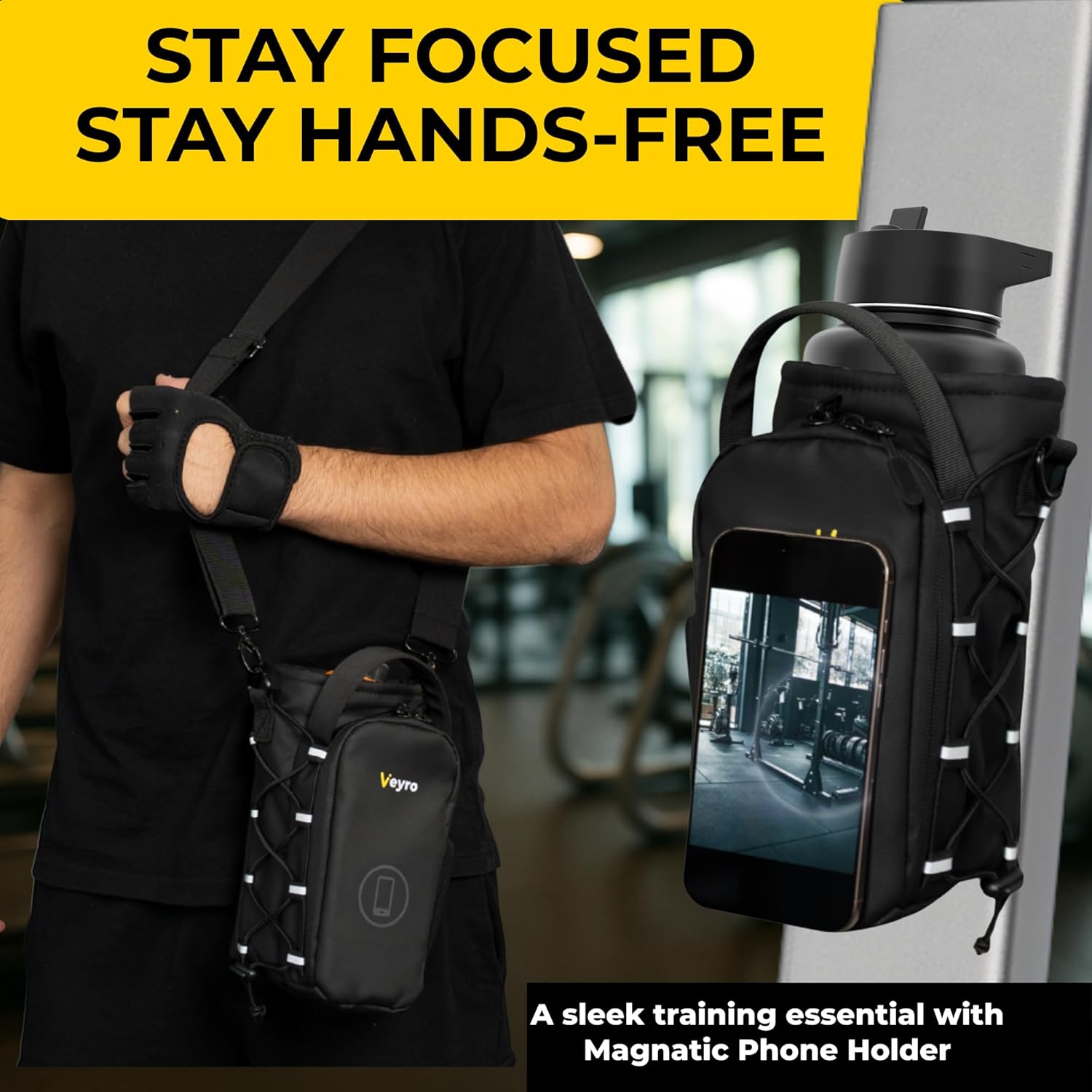 Veyro Magnetic Gym Bag with strong Magnetic Phone Holder - Gym water bottle bag holder for men and women - Compact Gym Crossbody Pouch - Compact Crossbody Pouch (Black) - Image 5