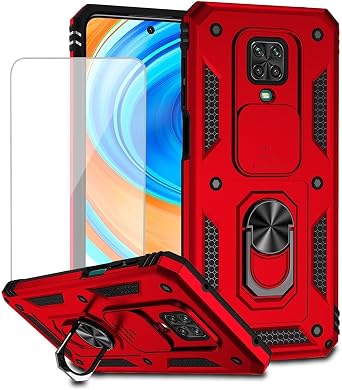 for Redmi Note 9 Pro/Note 9 Pro Max/Note 9S Case with Tempered Glass Screen Protector and Slide Camera Cover, Magnetic Ring Car Mount Holder Protective Cover for Xiaomi Redmi Note 9S Black