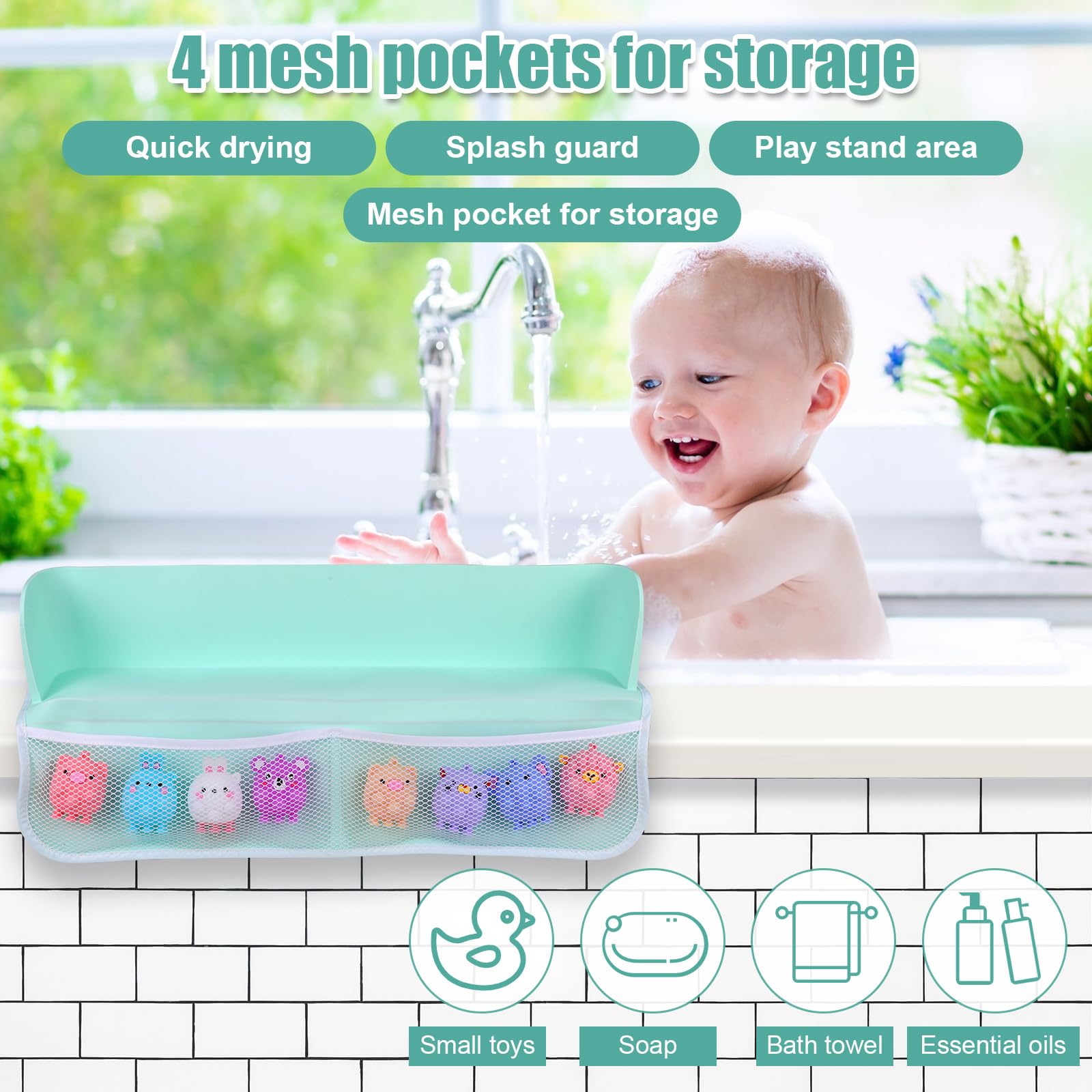 lasuroa Bathtub Splash Guard for Tub Kids with Mesh Storage Bag Organizer Bathtub Toy Shelf Splash Guard Suction Cups Attach to Bath Tub Bath Tub Splash Shield for Toddlers - Image 3