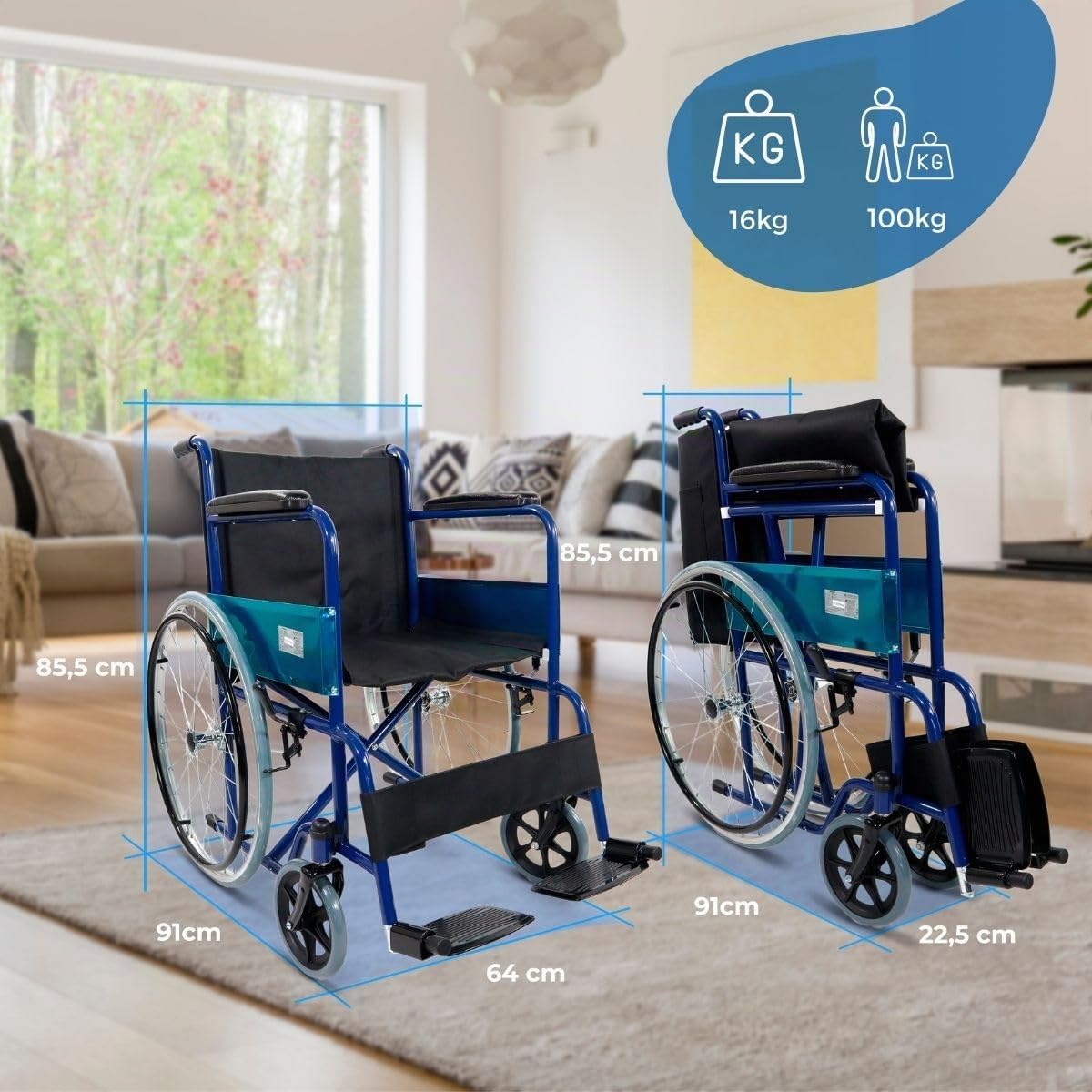 Mobiclinic®, Sedia a rotelle pieghevole, Alcázar, Freno manuale, Poggiapiedi fissi e braccioli pieghevoli, Marchio europeo, Carrozzina, Seduta 46 cm, Colore blu/nero