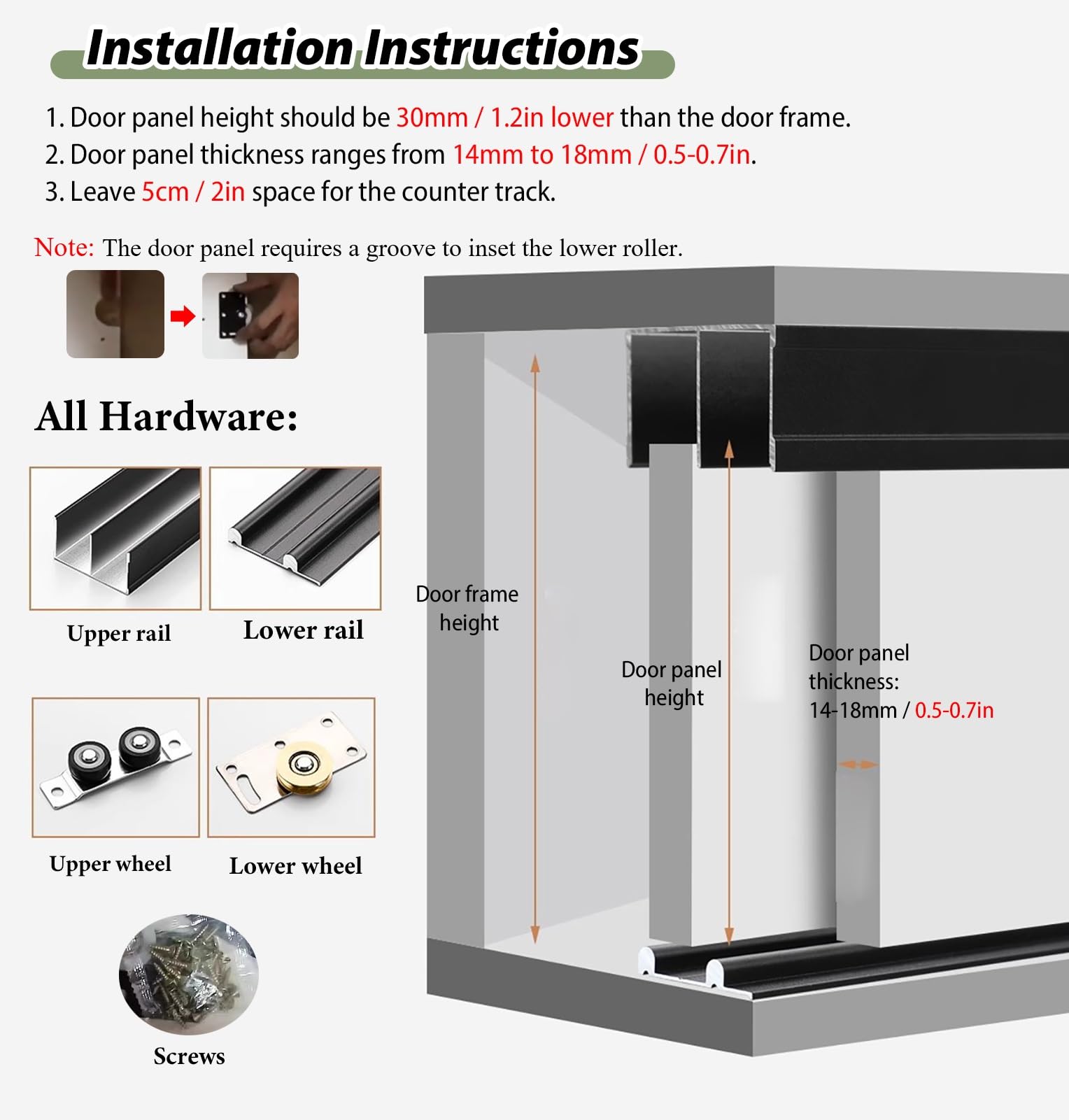 Kit de herrajes para puertas correderas de armario, rodillos de puerta de bolsillo interior con riel inferior, sistema de riel de puerta corredera de cocina y armario