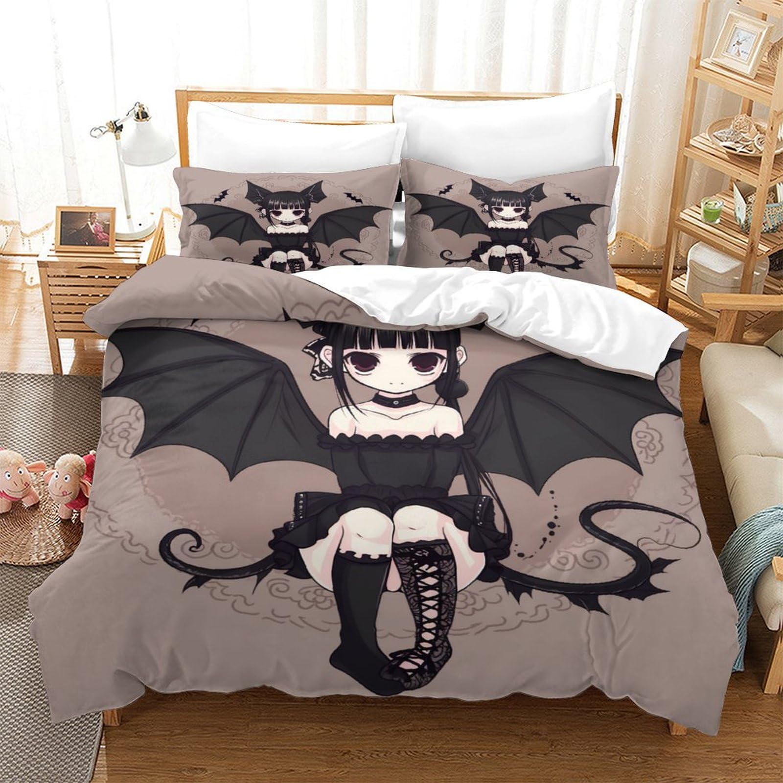 P1S9U7W5Y Gothic Dark 3D Printed Bat Girl Duvet Cover Set 3pcs Microfiber Fantasy Bedding Set Single