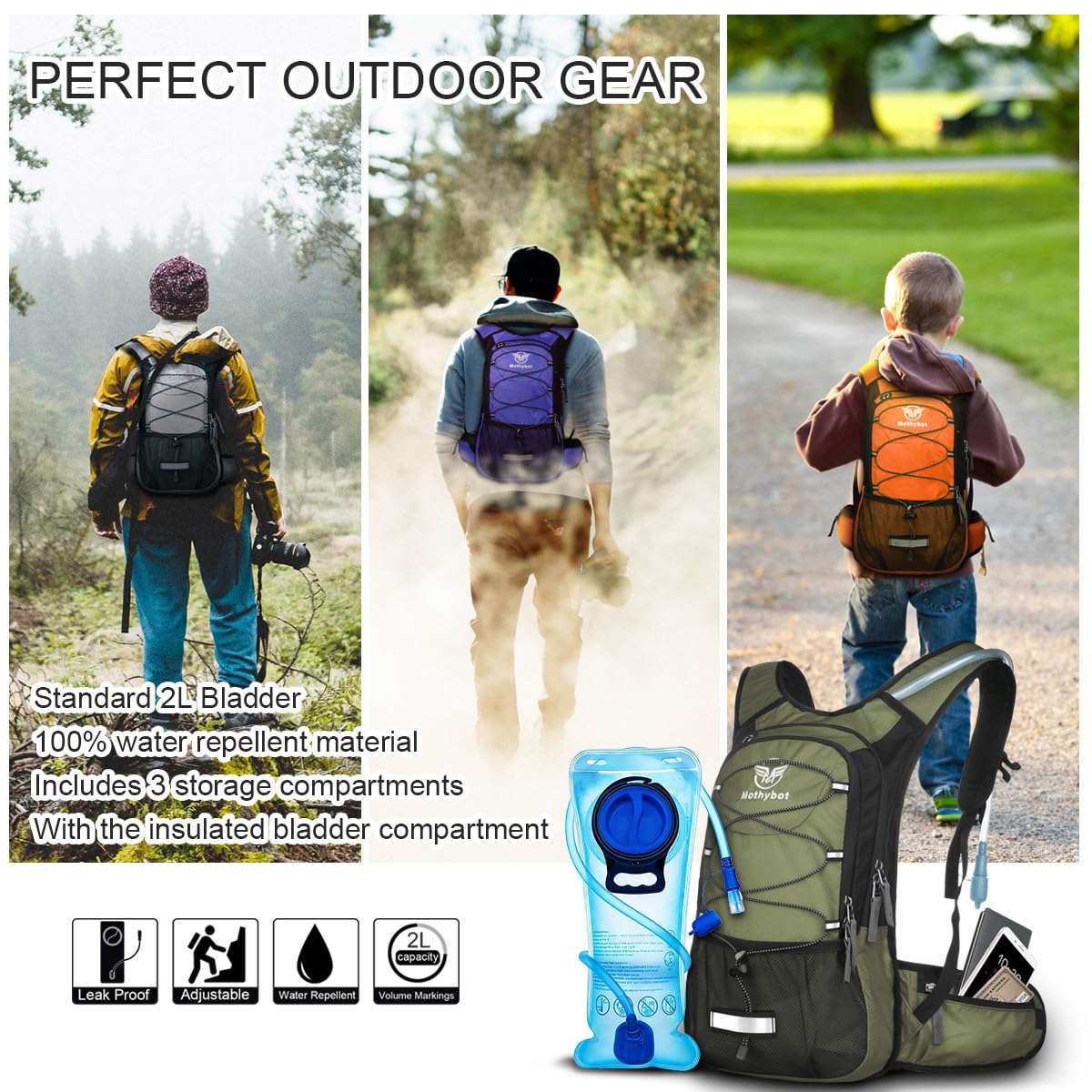 Mothybot Insulated Hydration Backpack Pack with 3L BPA Free Leak Proof Water Bladder, Large Storage Lightweight Hiking Daypack with Waist Pouches & Cooler Layer, for Running, Biking, Camping, Festival