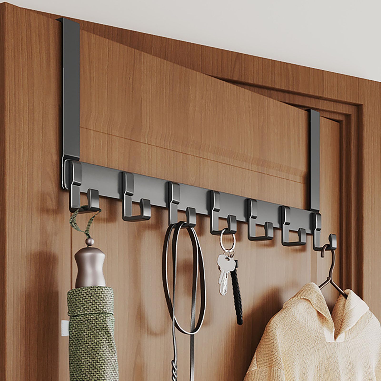 flexman Over The Door Hooks, Space Aluminum Bathroom Office Dorm Over The Door Coat Rack with 7 Hanger Hooks for Hanging Clothes, Hat, Towel, Bags