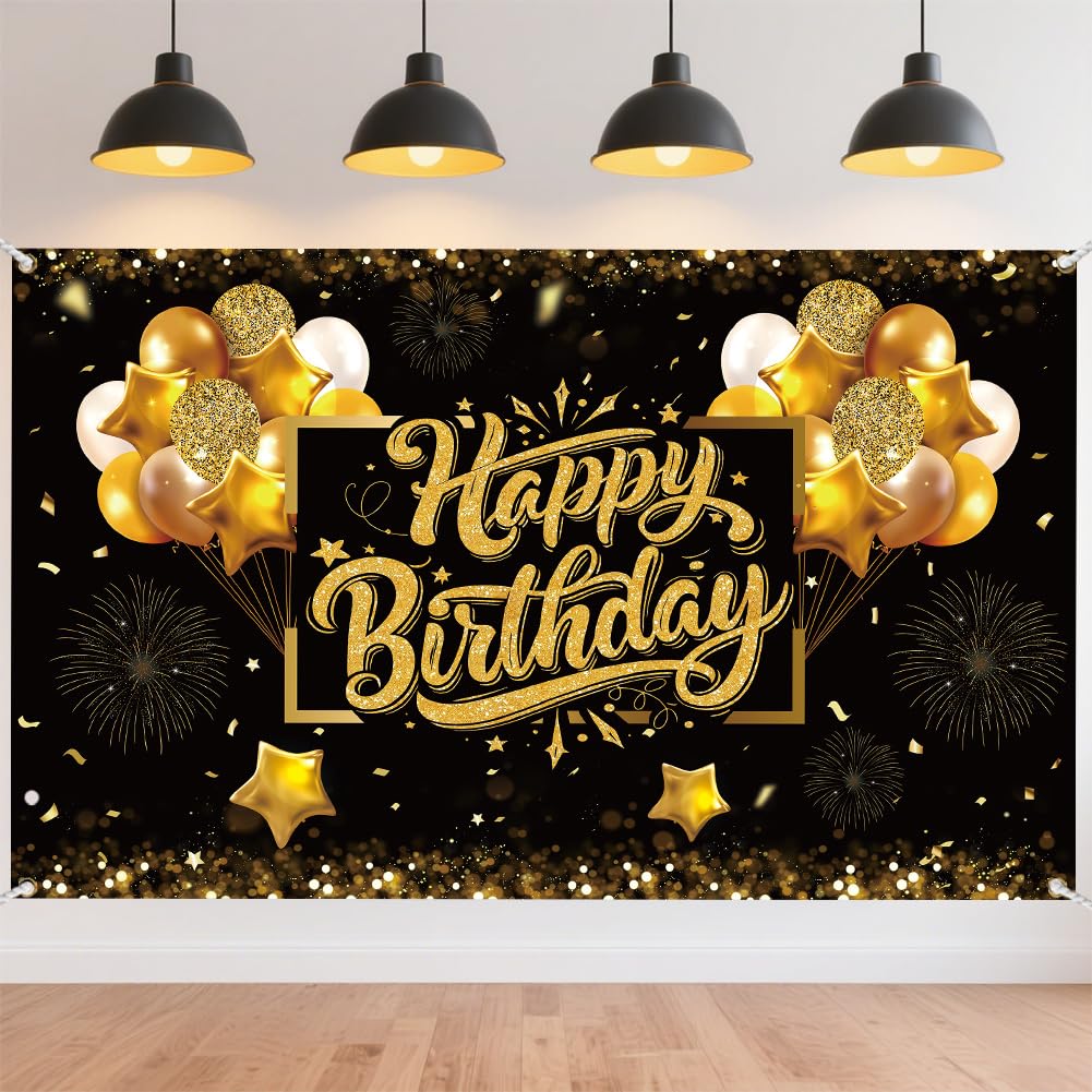 CRAFTYMELODY Luxury Gold Happy Birthday Banner 72×44 Inch Glittery Black Gold Backdrop Balloons Stars Fireworks Wall Banner Indoor Outdoor with Grommets 3.2 Yard String for Party Decoration Supplies