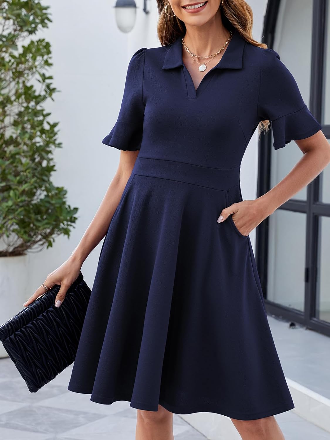 Womens Summer Ruffle Sleeve Collared V Neck Fit and Flare Elegant A line Swing Dresses with Pockets