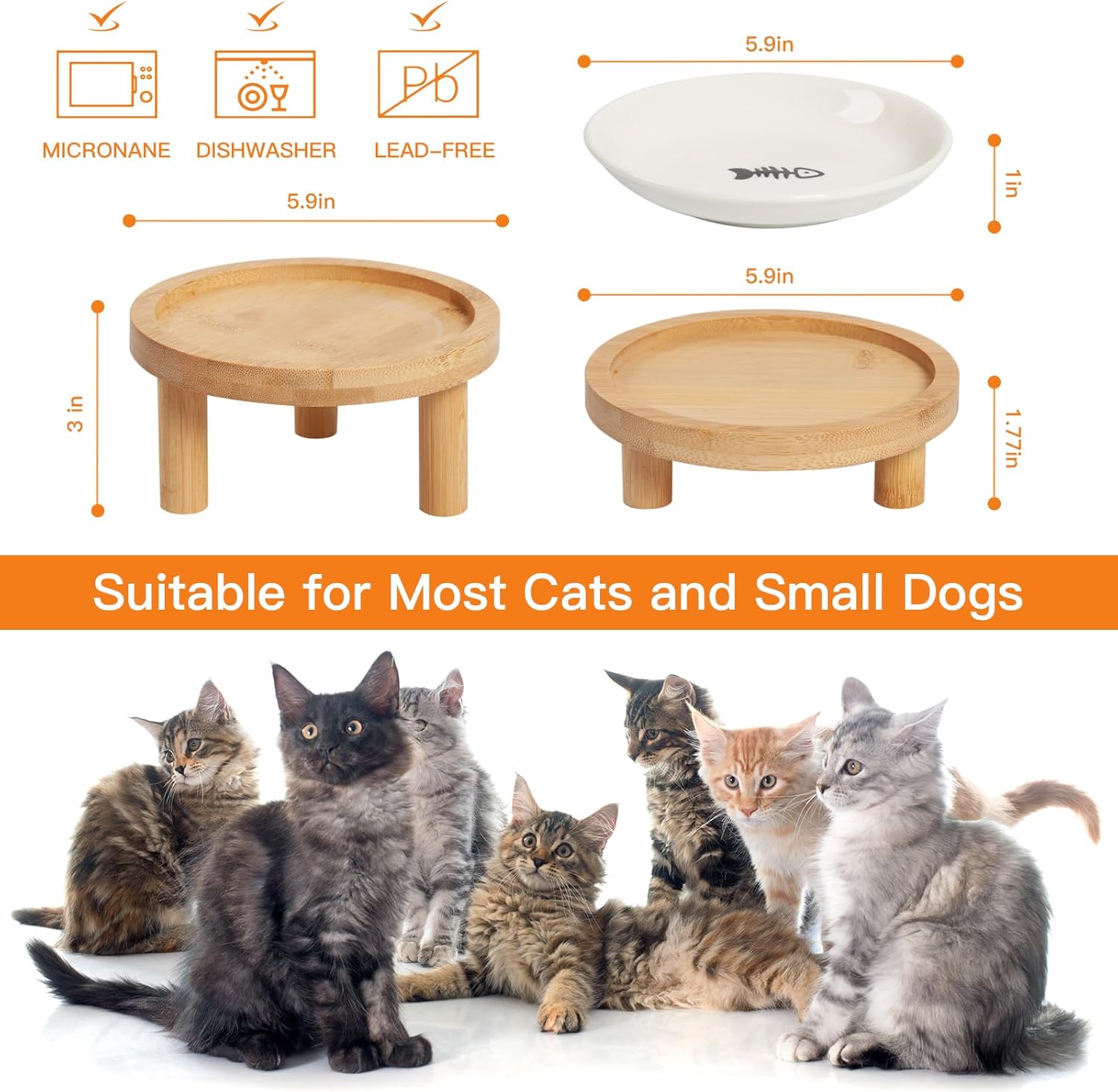 Adjustable Cat Bowl Stand with 2 Ceramic Bowls - Elevated Raised Feeder for Spine Health, Whisker Fatigue & Anti-Vomiting - Dishwasher Safe Bowls for Indoor Cats in 2 Heights