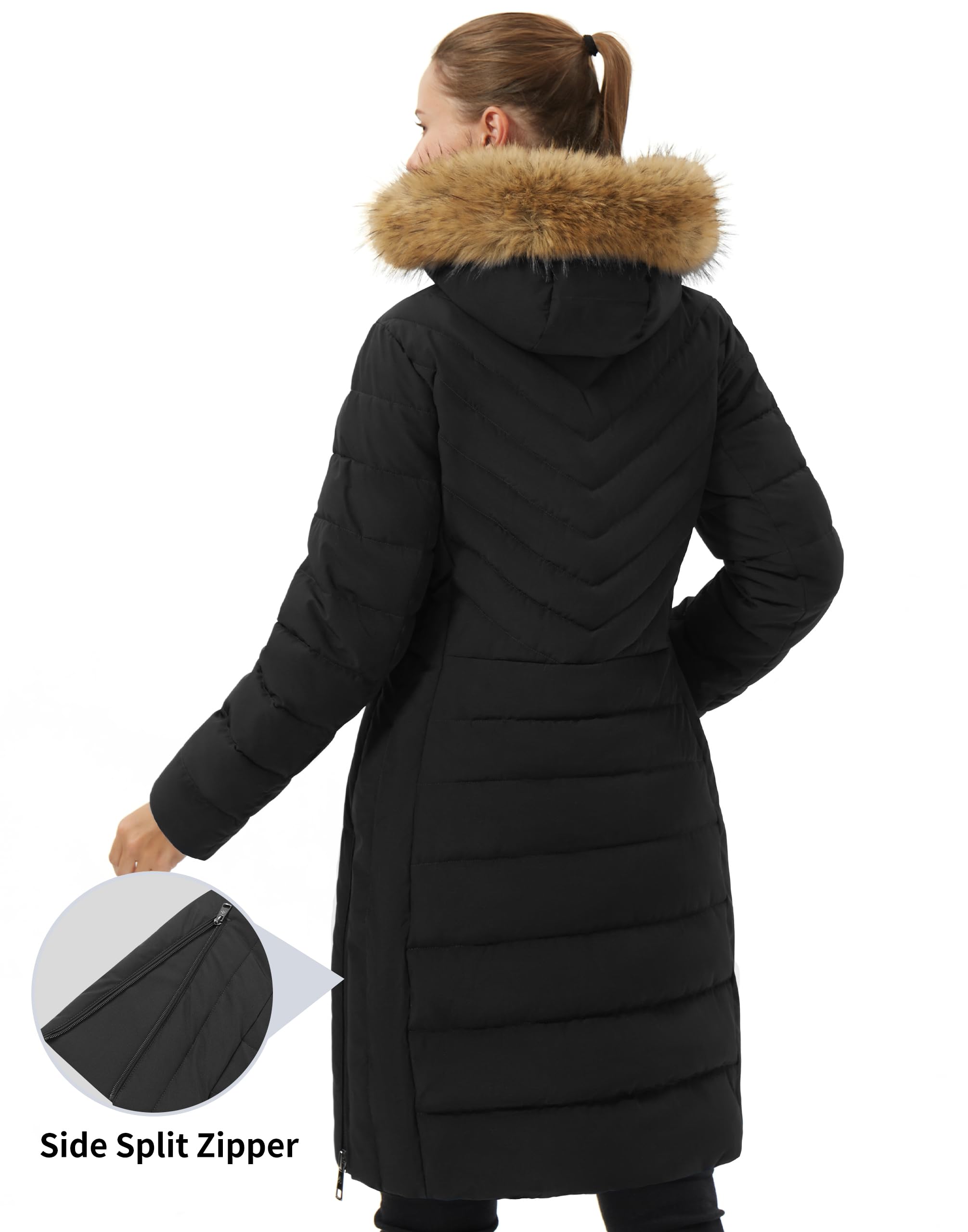 Pioneer Camp Cappotto invernale da donna, lungo, caldo, trapuntato, impermeabile, invernale, con colletto in pelliccia sintetica rimovibile