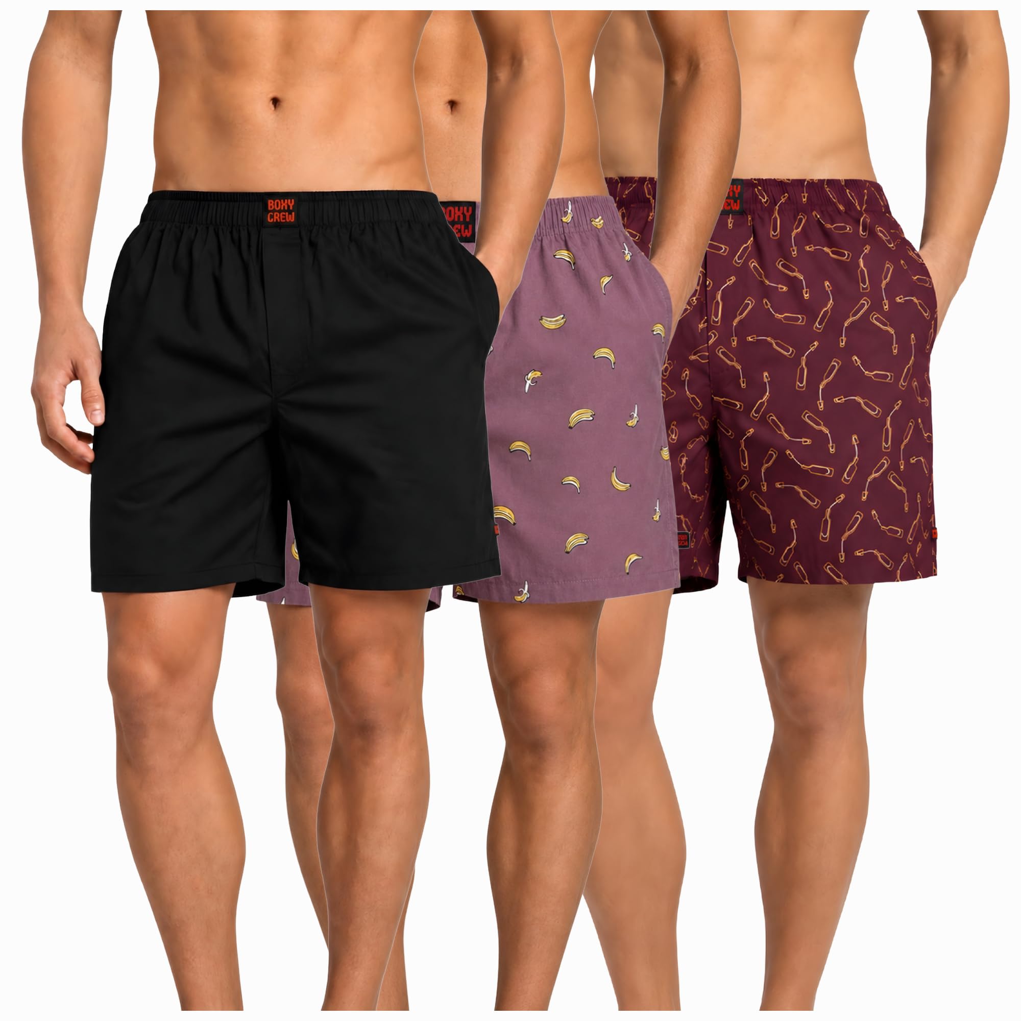 Men's 100% Cotton Boxer Shorts Pack of 3, Black, Rose Pink & Maroon | Woven Boxers with Side Pockets, No-Marks Elastic Waistband, Breathable Relaxed Fit | Style 001-006-014-image-29