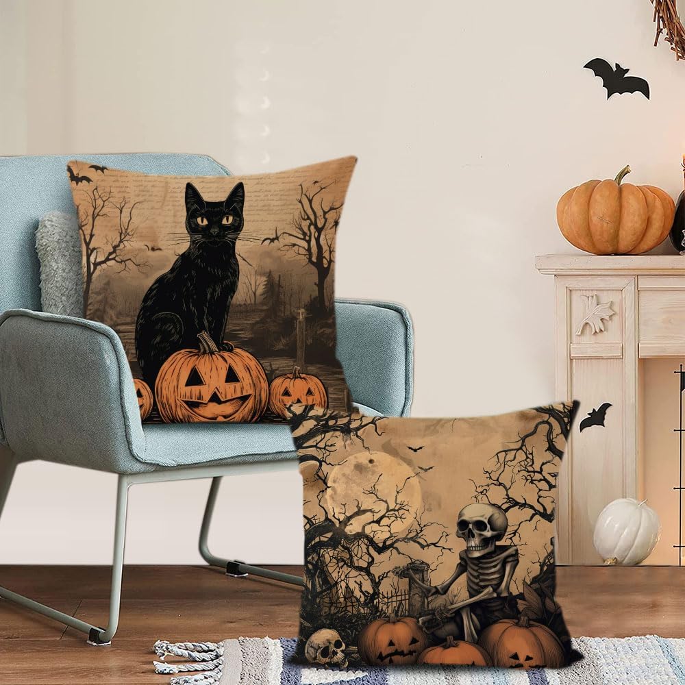 Halloween Pillow Covers 22x22 Set of 4 Vintage Scary Halloween Decorative Throw Pillows Cover Skull Pumpkin Owl Crow Pillow Cases Home Outdoor Sofa Couch Cushion Covers for Halloween Decor (22 by 22)