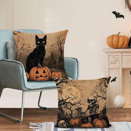 Miniatura 6 de Juego de 4 fundas de almohada de Halloween de 24 x 24 pulgadas, decoración de calabaza, espeluznante, fantasma, fantasma, Halloween, fundas de
