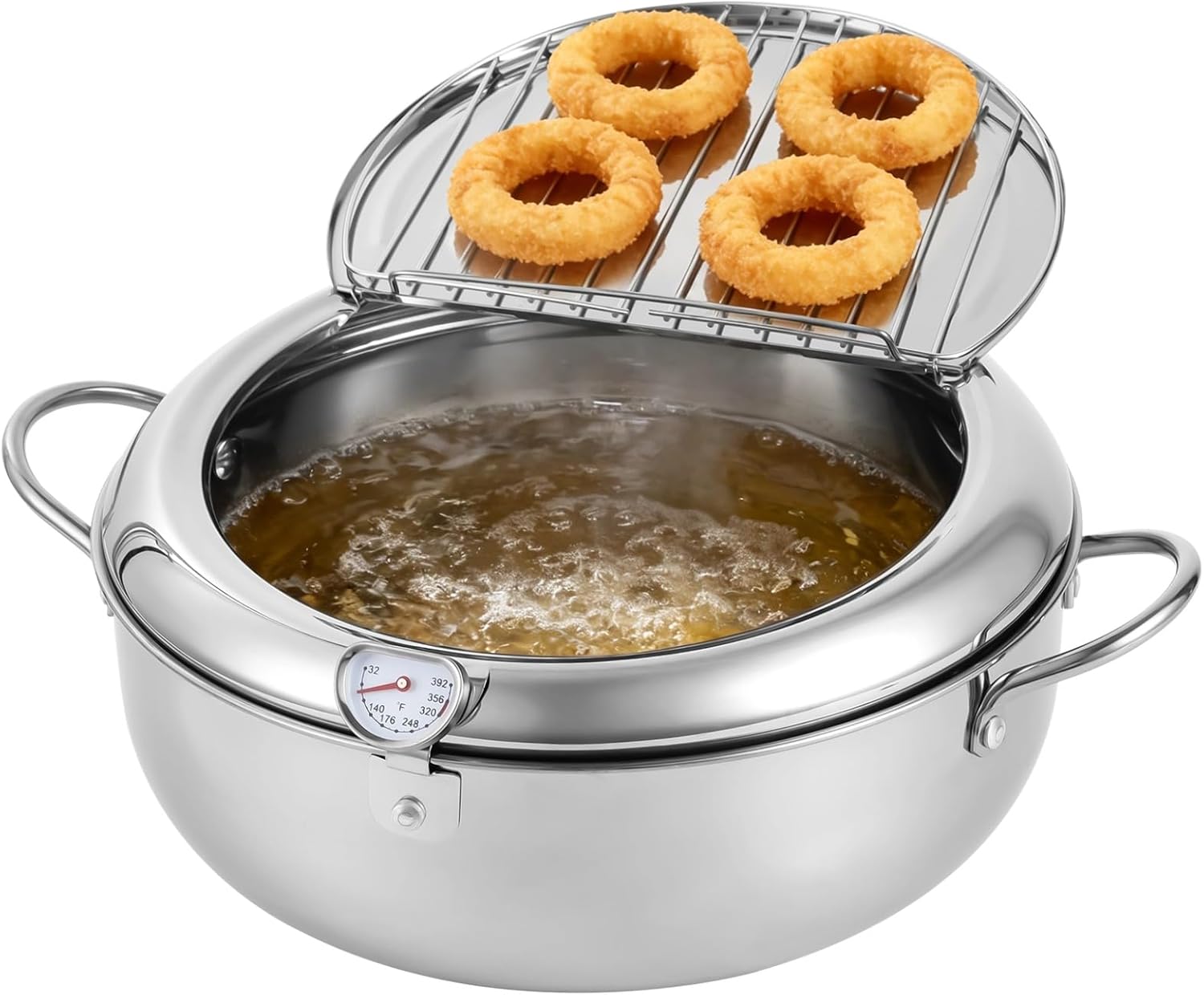 Stainless Steel Deep Fryer Pot, 11In/4.4Qt/4.2L Deep Fryer, Thermometer, Basket and Dual Handles, Ideal for Various Stoves