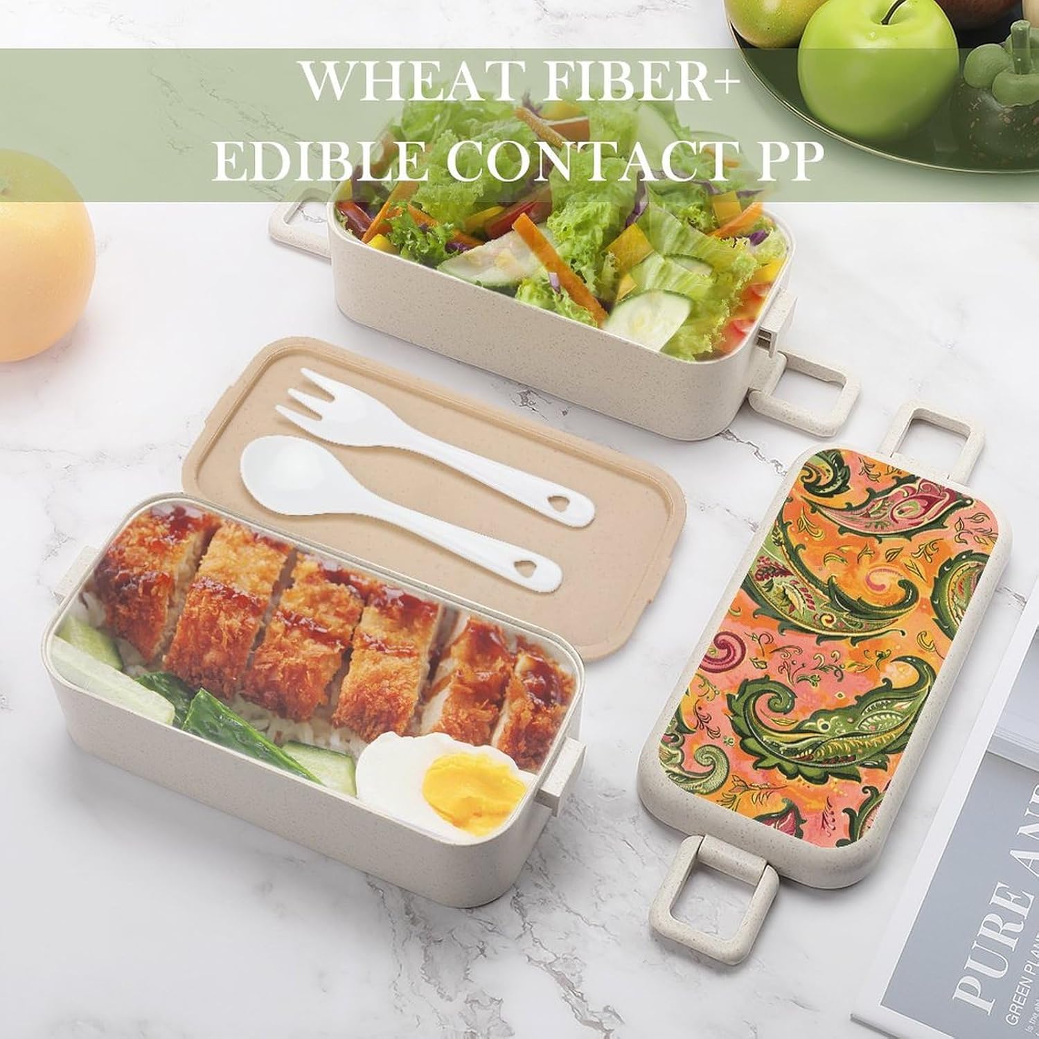 Lunch Box Bento Premium Yellow Tone Pattern Printed Bento Box Bento with Spoon And Fork with Compartment Containers Suitable for Men And Women, style