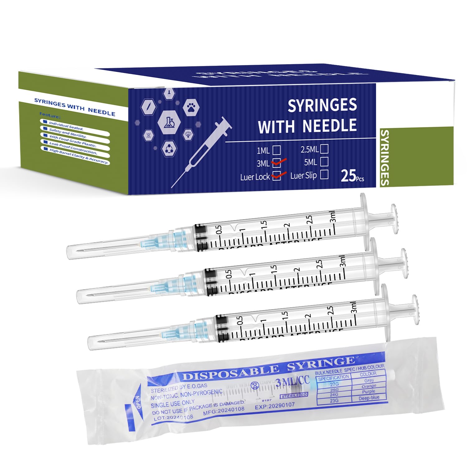 3ml/cc Syringe with 23G1.0 Inch Needle Luer Lock Syringes,Individual Package Suitable for Industrial, Scientific, Measuring,Watering,Oil or Glue Applicator,25Pack