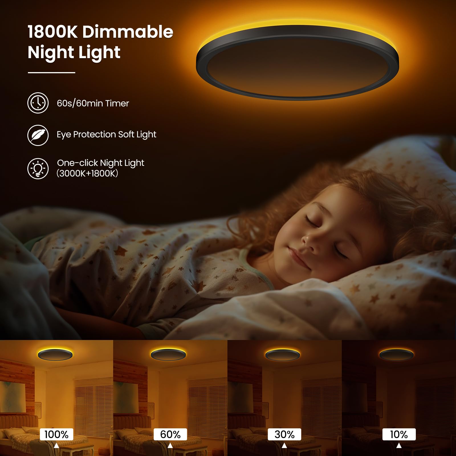 ONEWAY LED Ceiling Lights for Bedroom,24W 2400lm Dimmable Bathroom Lights Ceiling Lights Living Room with 1800K Night Light & 3000-6500K,Smart Flush Ceiling Light for Kitchen Hallway Officediameter 29CM-Black - Image 3