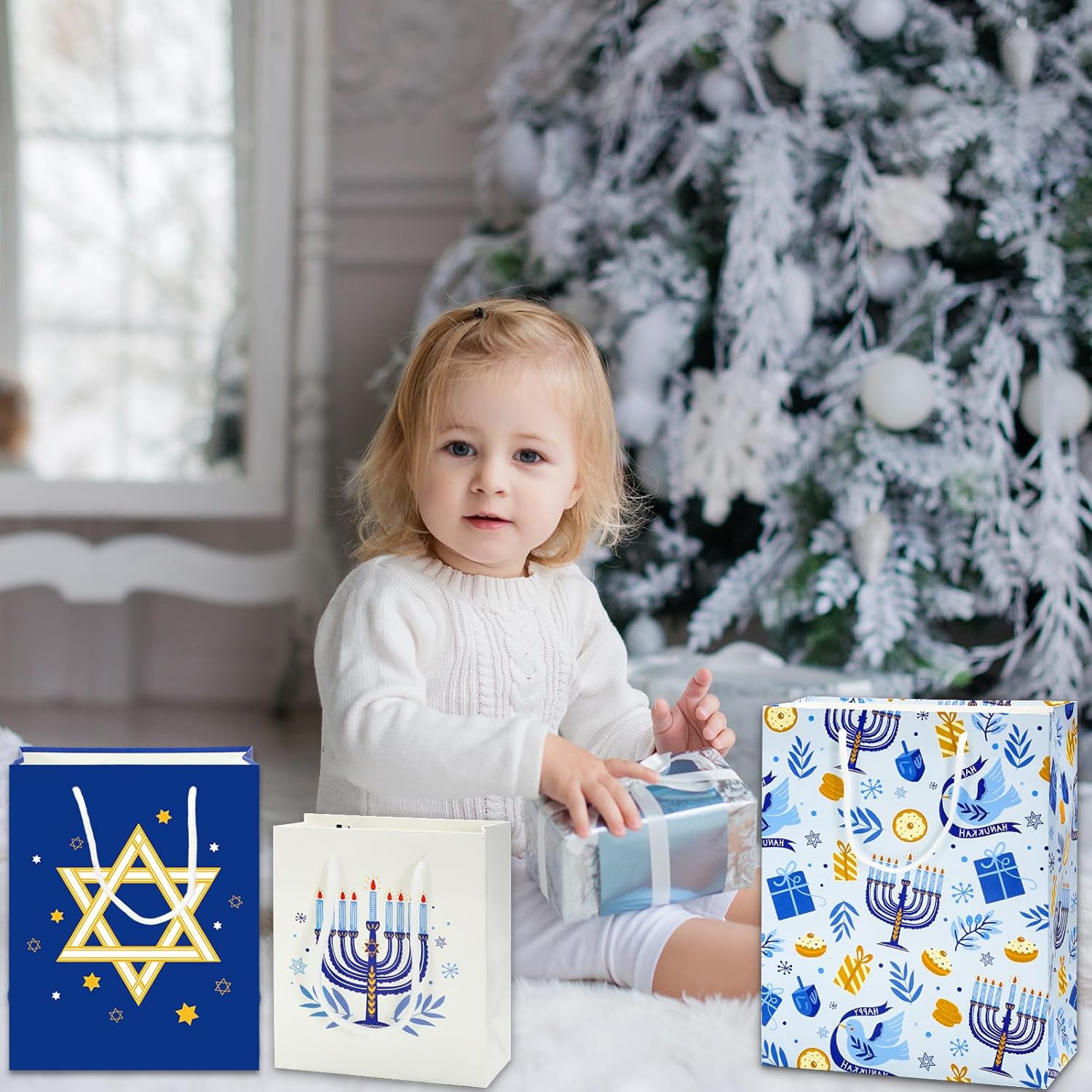 JarThenaAMCS 8Pcs Hanukkah Paper Gift Bag Blue Menorah Star Treat Bags with Handles Candy Goodie Bags for Chanukah Birthday Baby Shower Party Favors Supplies - Image 7