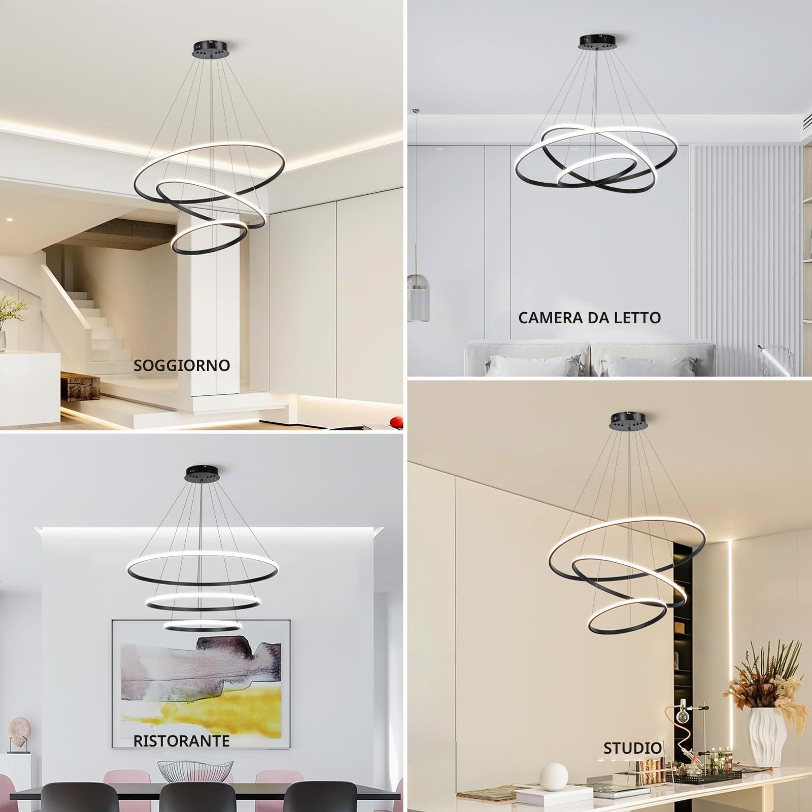 Lampadario a sospensione a LED, dimmerabile a 3 anelli, in acrilico, nero, regolabile, per cucina, isola, sala da pranzo, soggiorno, camera da letto, atrio, 40 + 60 + 80 cm