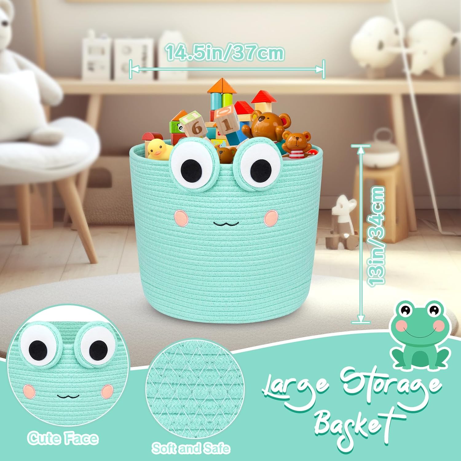 Large Storage Basket, Frog Shaped Cotton Rope Woven Basket for Nursery, Blanket Baby Toy Storage Organizer Laundry Basket Gifts Empty, Cat Dog Bin Toys