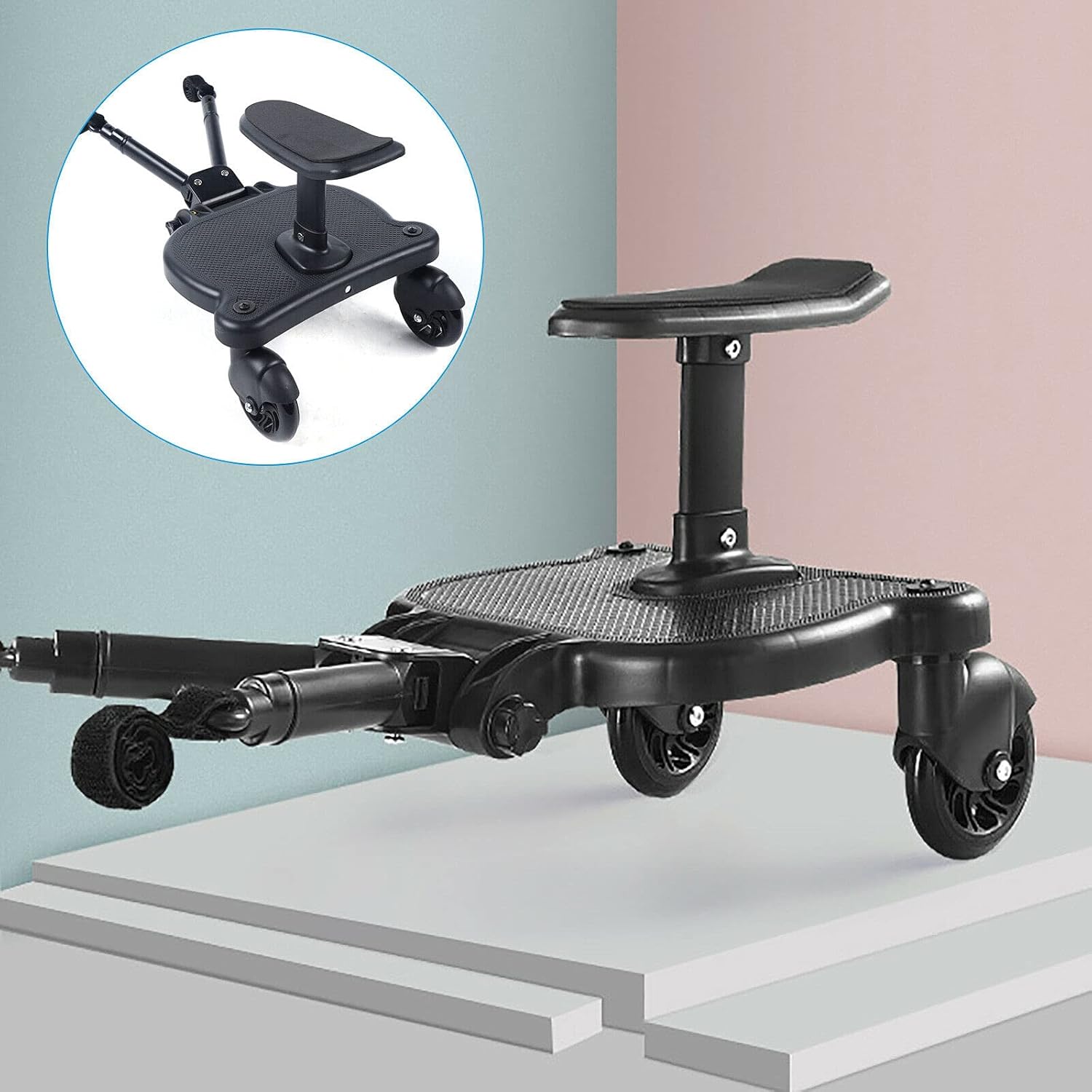 25Kg Baby Stroller Wheels Board with Detachable Seat,Stroller Glider Board Suitable, Auxiliary Pedal Adapter w/Seat Standing Board for Most Brands of Strollers, Holds Children Up to 55lbs