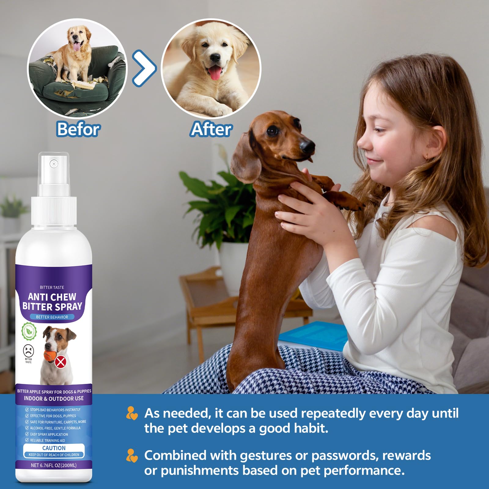 Spray anti-mastication pour chiens, 200 ml, pomme amère pour chiens pour arrêter de mâcher et empêcher le léchage des plaies, protège les meubles, les chaussures, les bandages, sans alcool et non