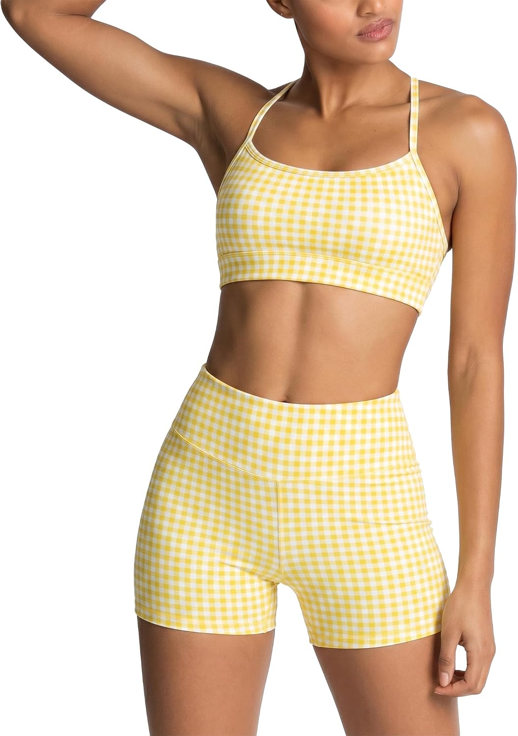 Gingham Workout Sets for Women Plaid Checkered Yoga Pilates Outfits Cross Back Sports Bras Biker Shorts Matching Gym Sets