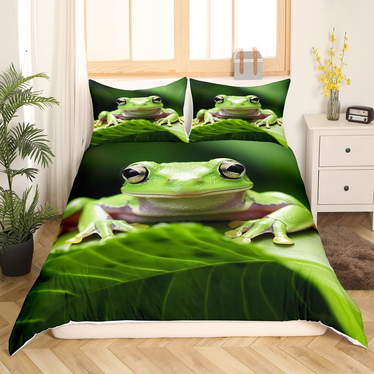 Frog Comforter Cover Tropical Amphibian Bedding Set 3D Animal Theme Duvet Cover for Boys Girls Teens Green Bedroom Decor Tropical Nature Theme Bed Set Queen Size With 2 Pillow Case (No Comforter)