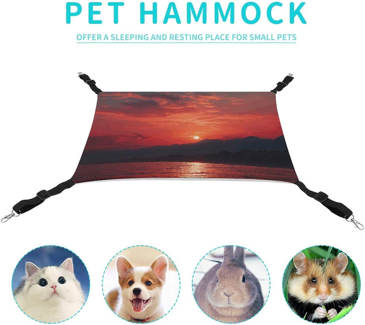 review Hanging Pet Hammock, Fiery Red Sunset Printed Soft Breathable Pet Hammock with Adjustable Straps and Metal Hooks for Cats Small Dogs Rabbits Sugar Gliders
