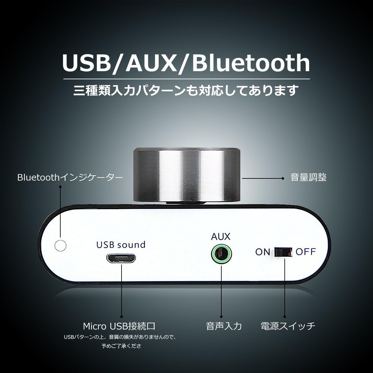 Front view of Nobsound NS-01G Pro amplifier showing USB, AUX, and power switch