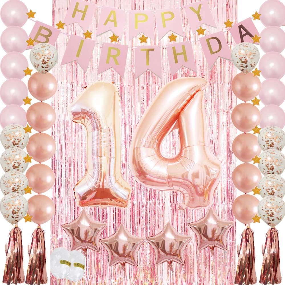 14th Birthday Decorations for Girls，Rose Gold 14 Birthday Party Decoration for Her，Rosegold Balloons Decoration for Girls Women 14th Birthday Party Supplies