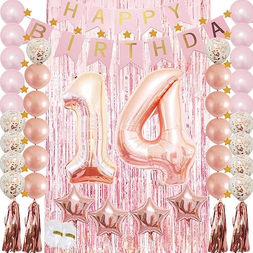 Decoraciones de cumpleaños número 14 para niñas, decoración de fiesta de cumpleaños de oro rosa para ella, decoración de globos de oro rosa para