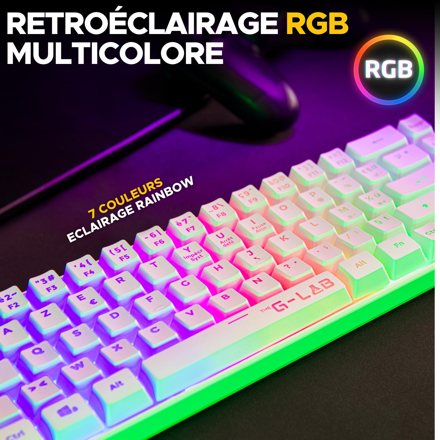 The G-Lab - Keyz Hydrogen WL- Clavier Gamer sans Fil, Clavier 60% Semi-mécanique, Azerty, RGB Multicolore - sans Fil Silencieux, Format Compact TKL - PC/PS4/PS5- New (Blanc)