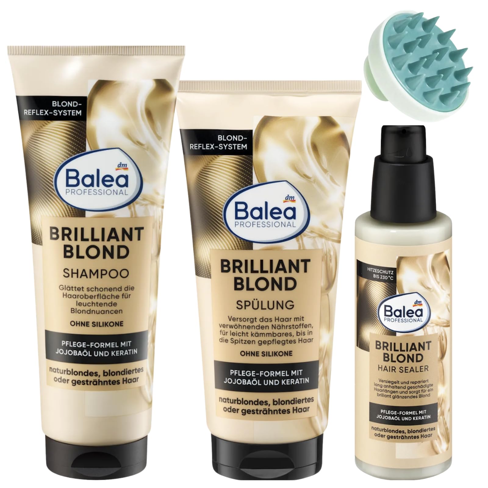 Balea Brilliant Blonde Shampoo 250 ml + Conditioner Brilliant Blonde 200 ml + Hair Treatment Brilliant Blonde 100 ml + Scalp Massage Brush Pack of 3