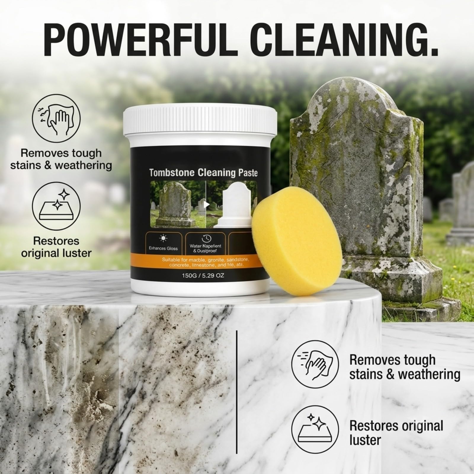 Kit de limpieza de lápidas con esponja – Pasta de cuidado de lápidas para mármol, granito y arenisca, limpiador de piedra multiusos y crema pulidora, quitamanchas y restaurador para lápidas al aire
