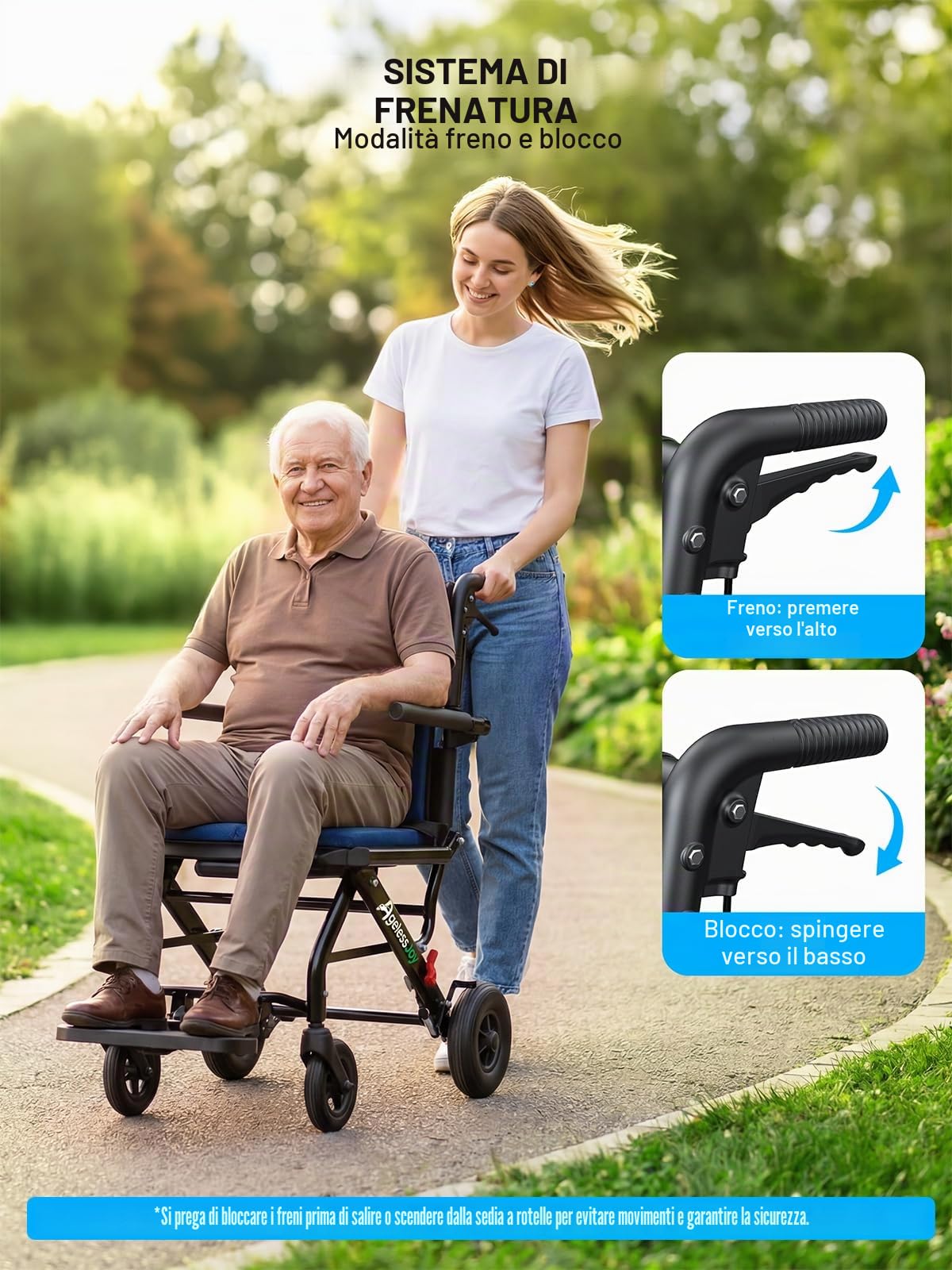 Sedia a Rotelle Pieghevole Leggera per Anziani, Sedia Rotelle da Transito in Alluminio (9kg) con Maniglia Telescopica, Carrozzina per Disabili Stretta da Viaggio e Aereo, Blu