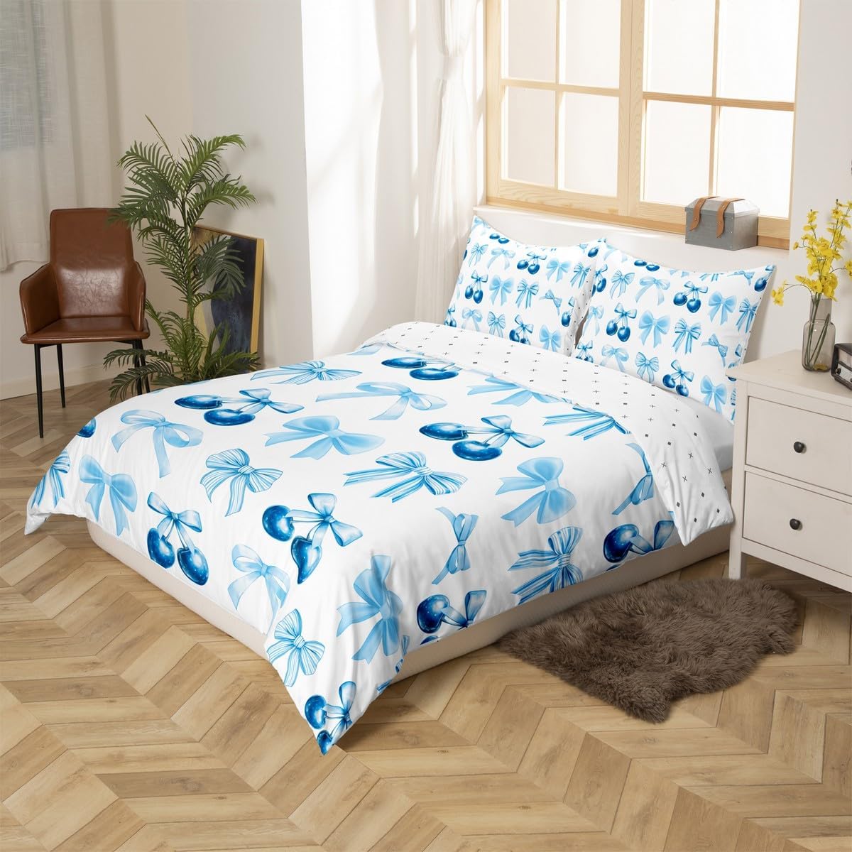 Bowknot Cherry Duvet Cover Set Toddler Size,Watercolor Cute Bow Tie Print Reversible Quilt Cover for Kids Boys Girls Kawaii Girly Princess Style White Bedding Set with 1 Pillowcase,No Comforter