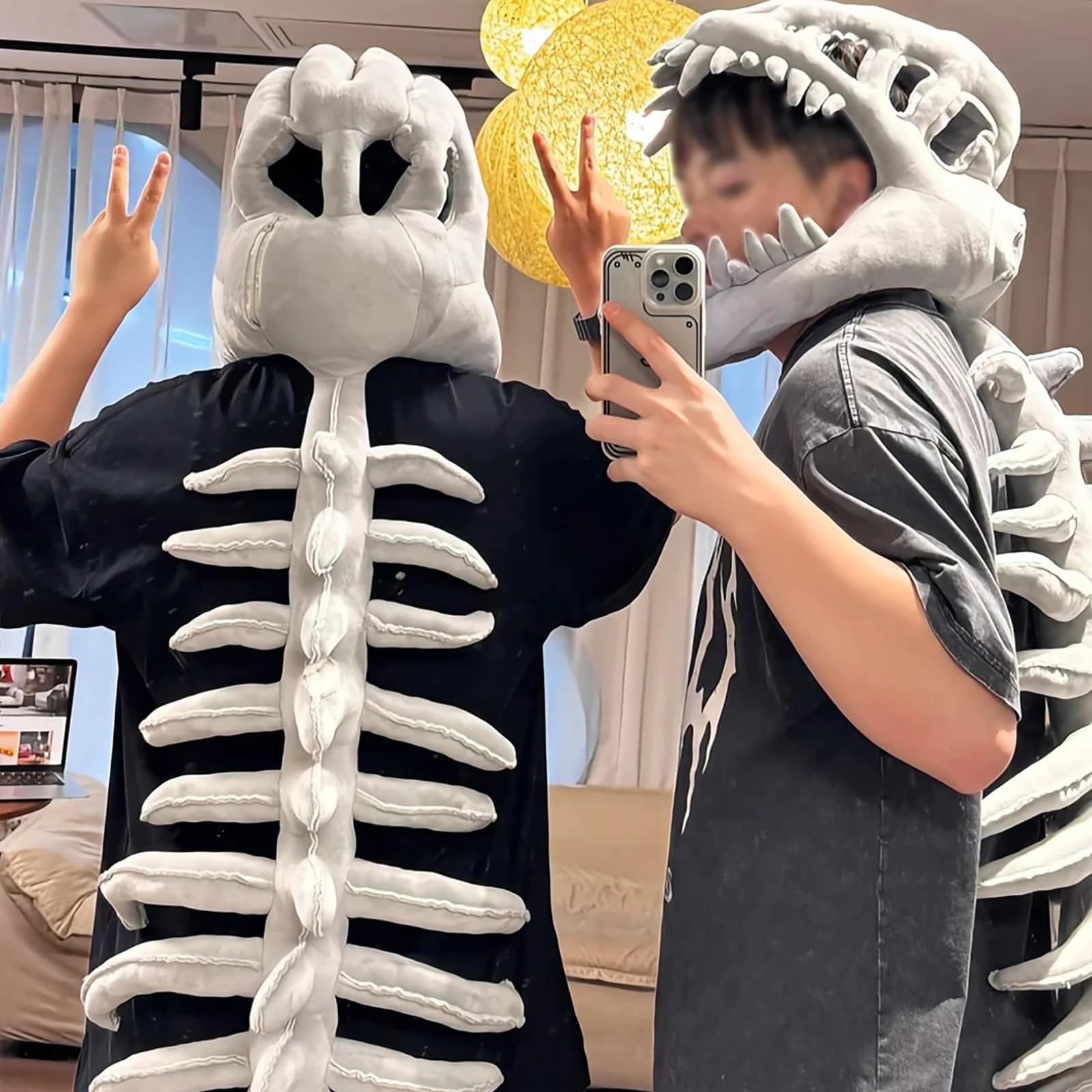 Skeleton Plush，dino Skelett Kostüm，spinosaurus Plush Dino Outfit, Dinosaur Skeleton Plush Costume，dinosaur Adult Onesie，Halloween Cosplay Dress Up for Men Women Kids Adults，Machine Washable-S
