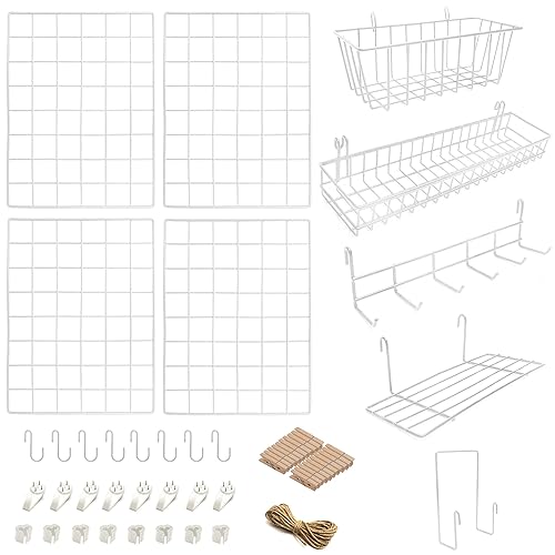 4 Pack Wire Wall Grid Panel With Accessories | Includes Hanging Baskets, Letter Sorter, Shelf & Hook Rack | Complete Set | Wire Notice Board | Hanging Home, Office & Kitchen DΓ©cor | Metal & White - 4pk