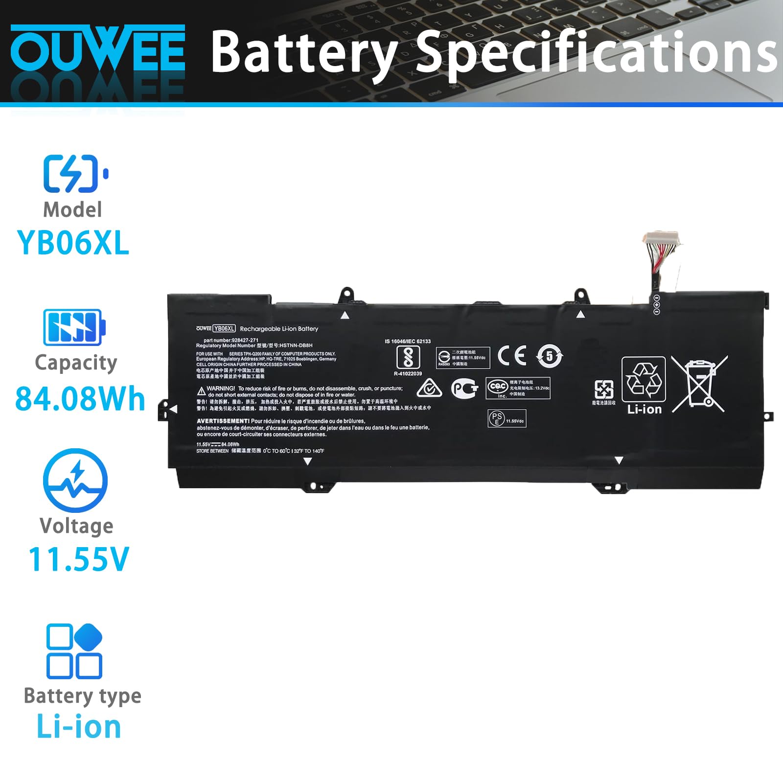 OUWEE HSTNN-DB8H YB06XL Laptop Battery Compatible with HP Spectre X360 15-CH 2018 15-CH000NA 15-CH000TX 15-CH004NL 15-CH005NG 15-CH012TX Series HSTNN-DB8V 928427-271 YB06084XL 11.55V 84.08Wh 7280mAh