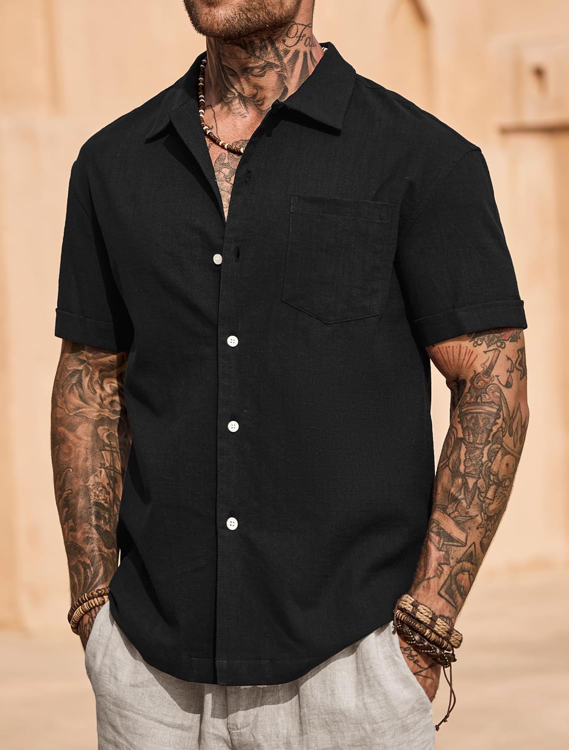 Mens Cuban Shirt Casual Cotton Vacation Summer Button Shirts with Pocket (S-XXL)