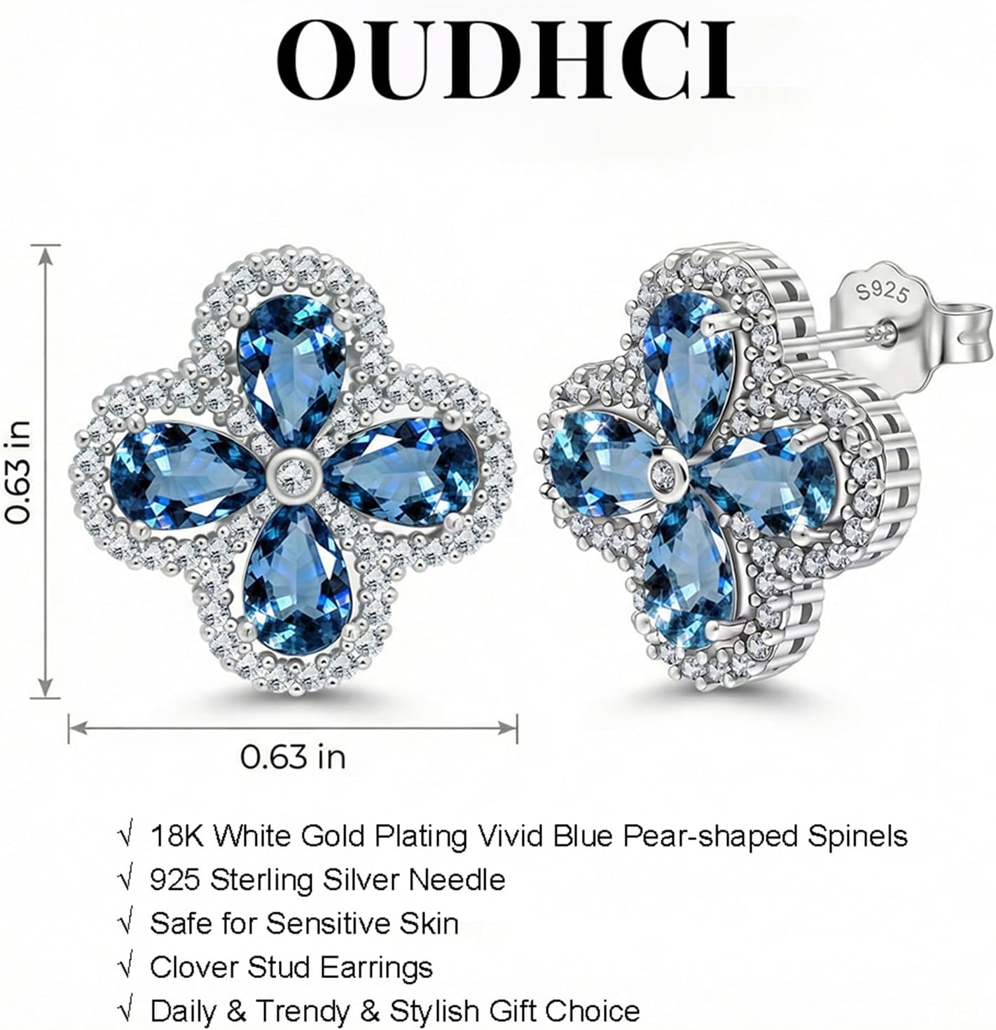 18K Gold Plated Stud Earrings for Women Trendy, 925 Sterling Silver Pear Shaped Stone Four Leaf Clover Earrings, Lightweight CZ Hypoallergenic Fashion Accessories Gold Jewelry Gifts for Women
