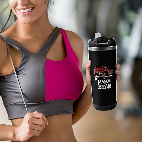 Miniatura 6 de Taza de café con tapa con diseño de mamá oso de búfalo rojo a cuadros