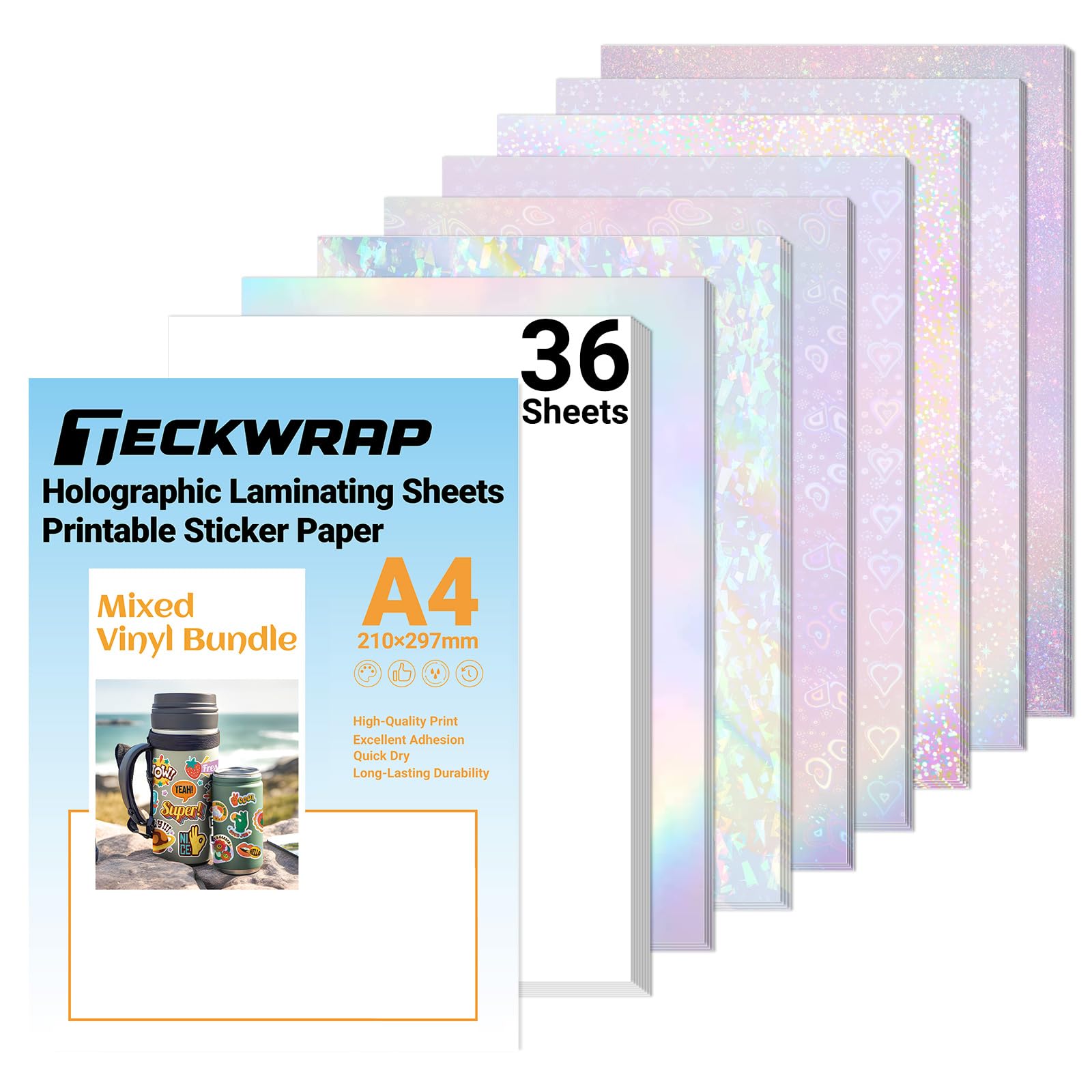 TECKWRAP Carta adesiva olografica, laminazione trasparente, in vinile, bianco opaco, stampabile, 21.6x27.9 cm, formato A4, scrapbooking, taglierine