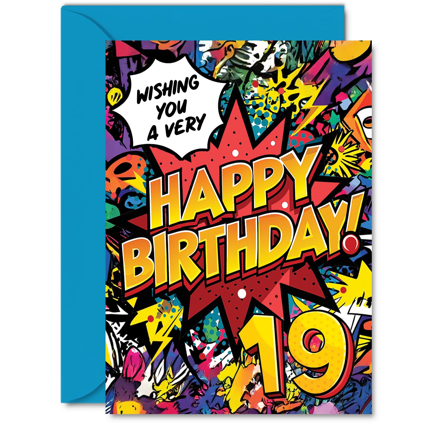 19th Birthday Cards for Men Women - Comic Book Pow! - Happy Birthday Card for 19 Year Old Man Woman Uncle Cousin Daughter Niece, A5 Bday Greeting Cards