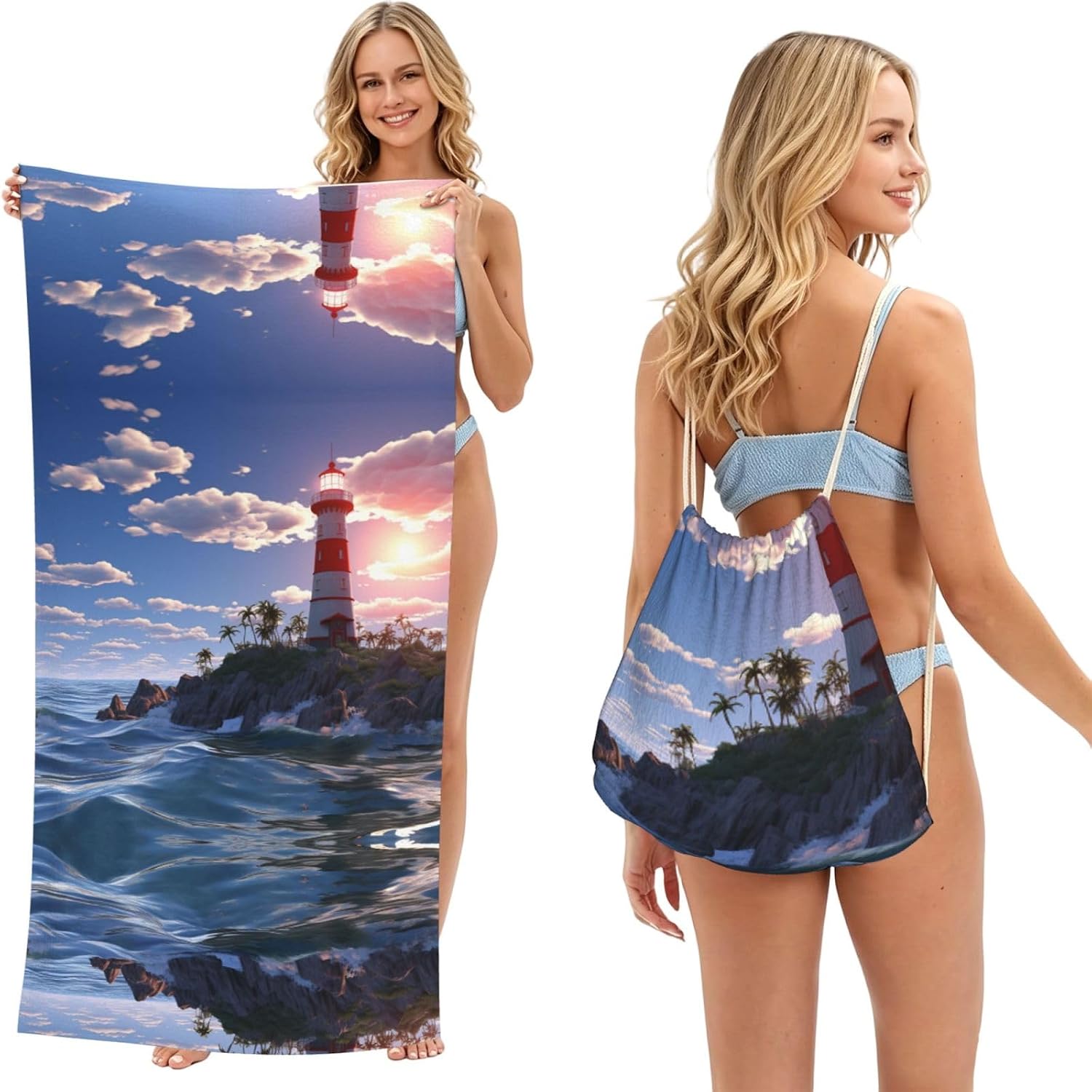 2 in 1 Packable Towel Bag,Soft Absorbent Pool Towels Backpack Quick Dry Lightweight Beach Towels Navigation Lighthouse Drawstring Bag for Travel Camping Sports Picnic