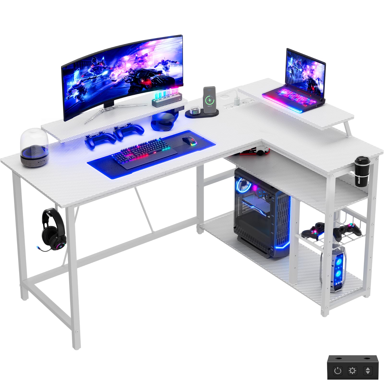 Devoko Scrivania Da Gaming Angolare 140x80 cm Supporto Doppio Monitor, Illuminazione LED, Ripiano Regolabile In Altezza, Finitura Effetto Carbonio, Scrivania PC Gamer Con Scaffali Laterali, Bianco
