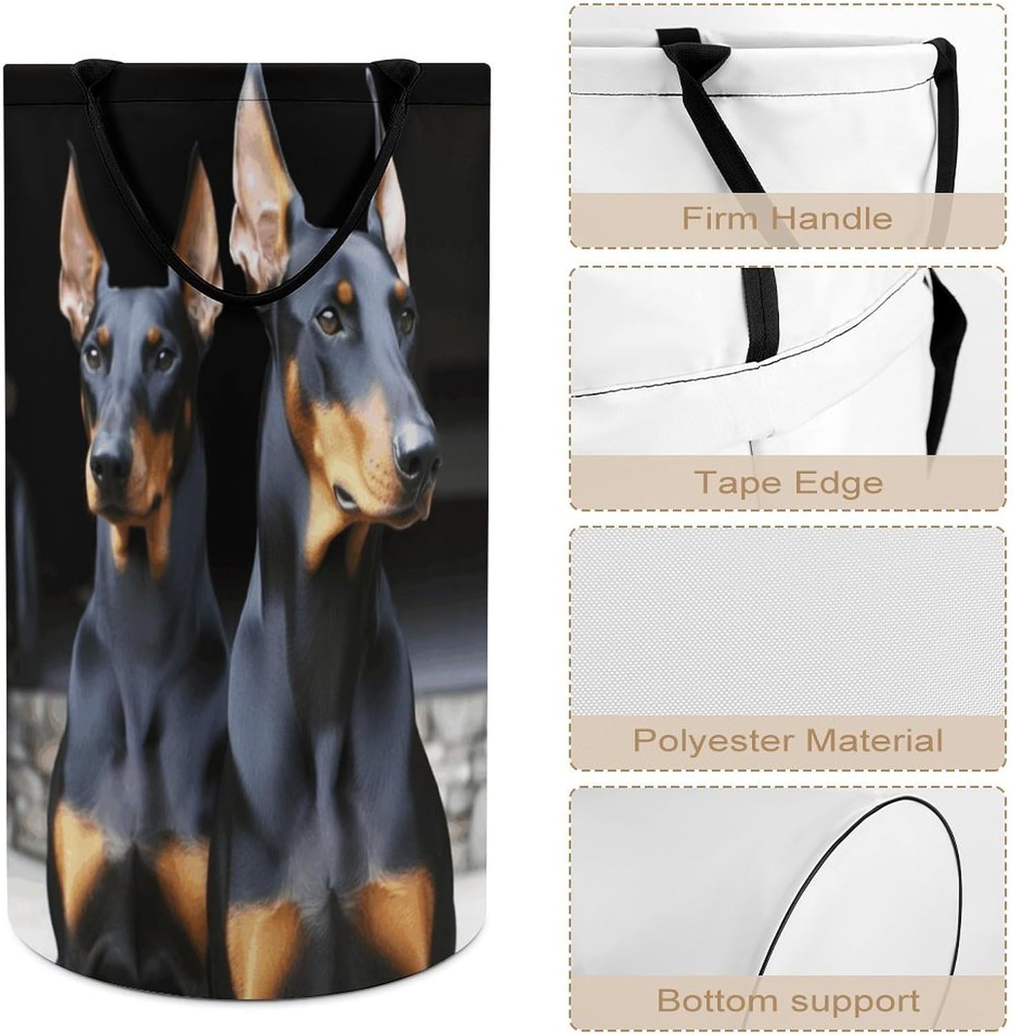 Doberman Laundry Hamper with Handles Waterproof Collapsible Laundry Basket Large Lightweight Round Dirty Clothes Hamper for Home Dorm Bathroom Decor